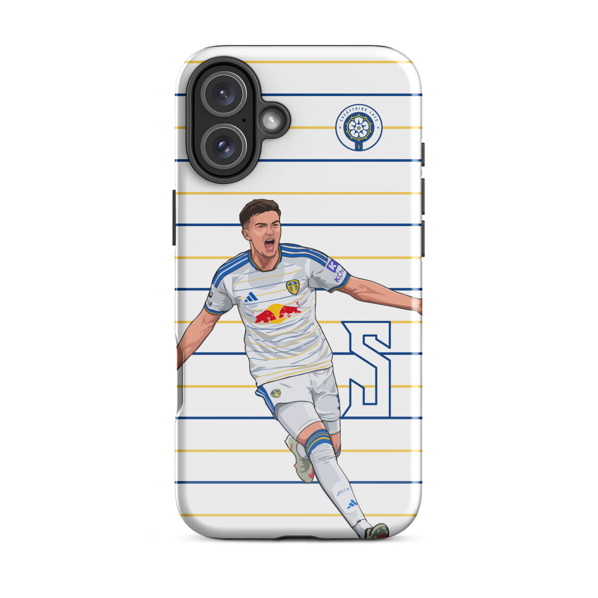 Tough iPhone case with blue-and-gold stripes and soccer player artwork, with rear camera cutouts.