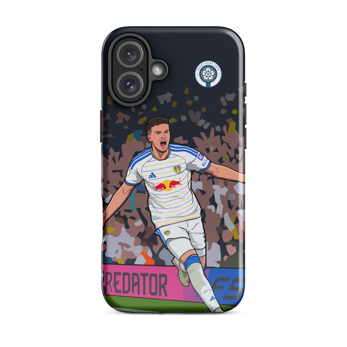 Tough phone case with player graphic and blue streak design near the bottom