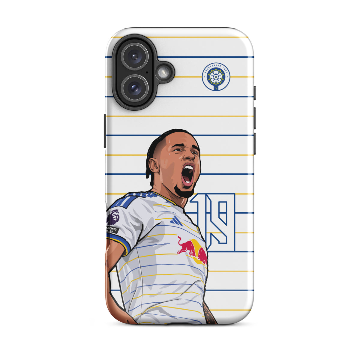 Tough iPhone case with striped player celebration design and black camera cutouts