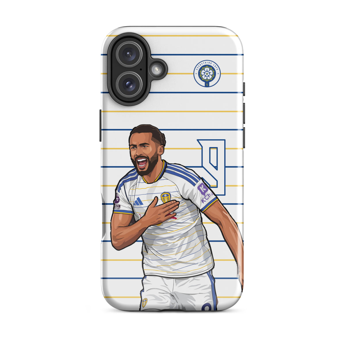 Tough iPhone case with Calvert-Lewin on a striped jersey graphic and camera cutouts