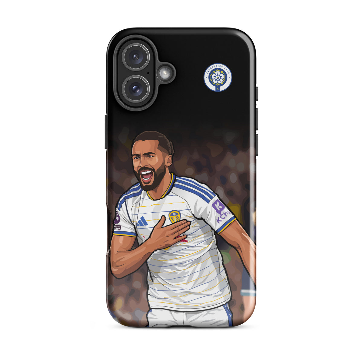 Tough iPhone case with Calvert-Lewin illustration and Leeds United crest on black