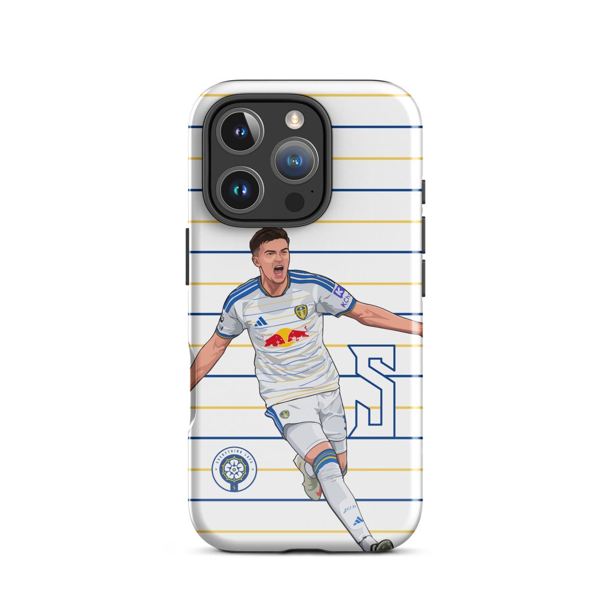 Tough iPhone case back with player graphic, blue-and-yellow stripes, and camera cutout