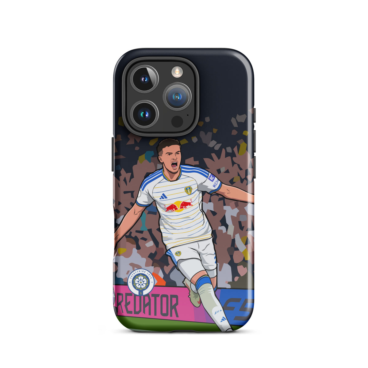 Dark tough iPhone case with player celebration graphic, confetti background, vertical triple camera cutouts