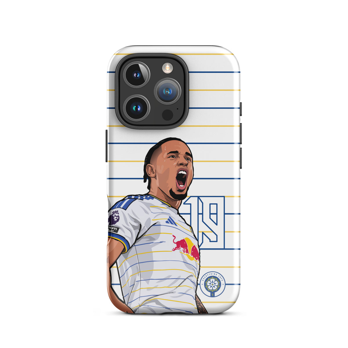 Tough iPhone case with triple-lens camera panel and player celebration on striped design