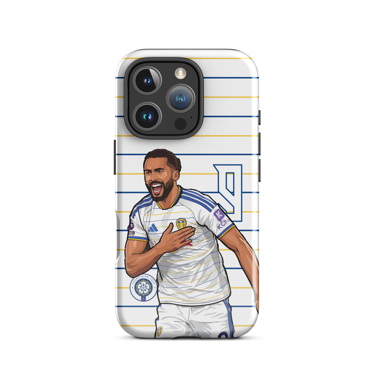 Tough iPhone case with side protection edges and football player celebration graphic
