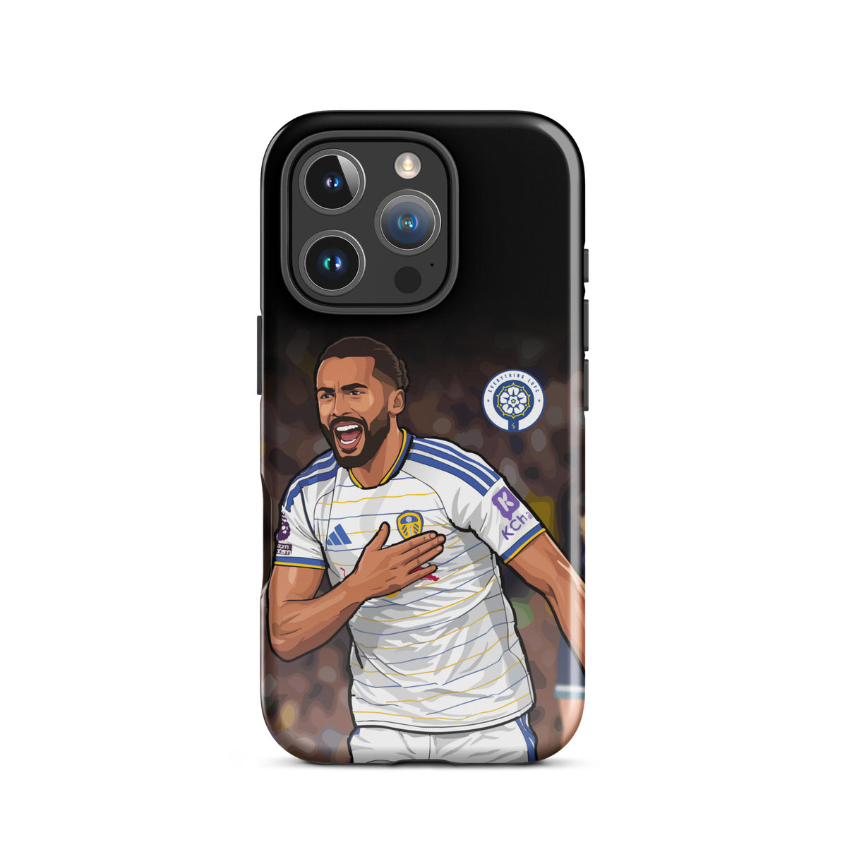Tough iPhone case in black with Calvert-Lewin player print and Leeds crest