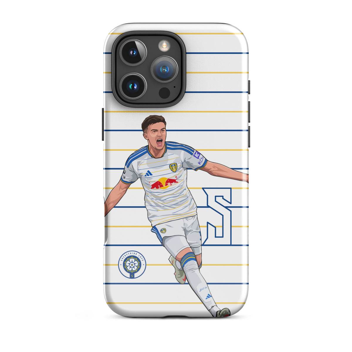 Tough iPhone case featuring player artwork and blue-and-yellow horizontal stripes
