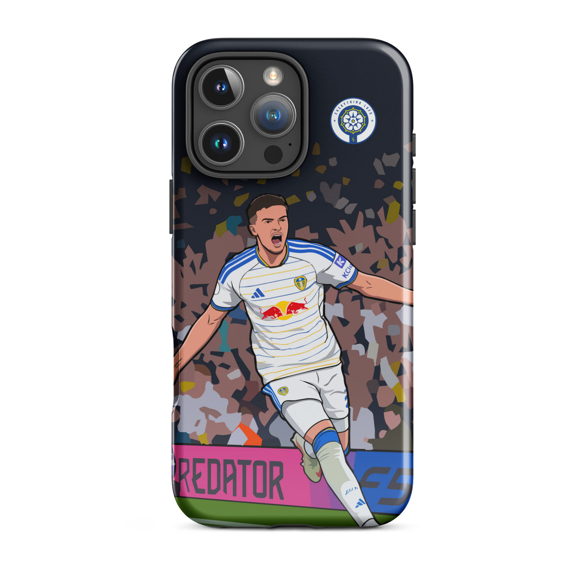 Tough phone case with soccer player graphic and multicolor camo pattern