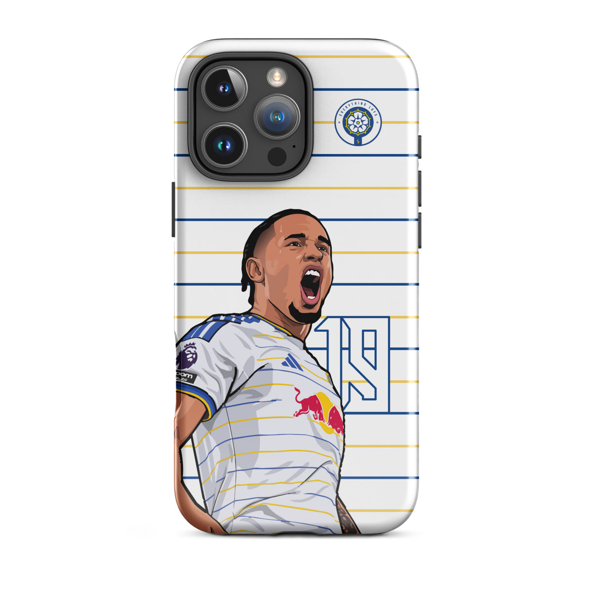 Tough iPhone case with blue-and-yellow stripe pattern and cheering player artwork