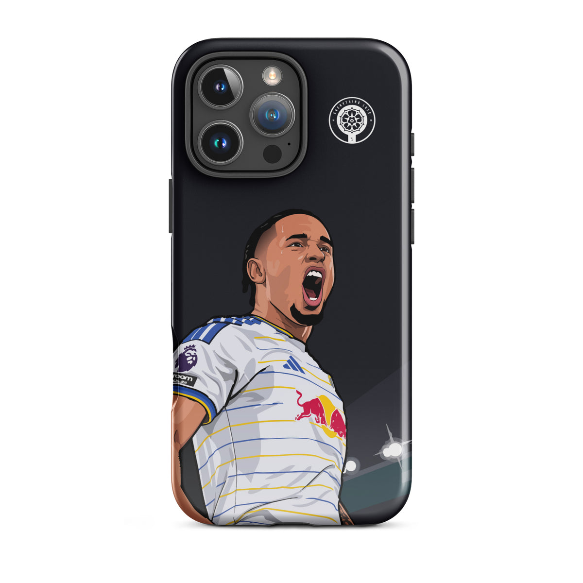 Black tough iPhone case with Okafor cheering graphic, crest badge, white striped jersey, triple-camera cutouts.