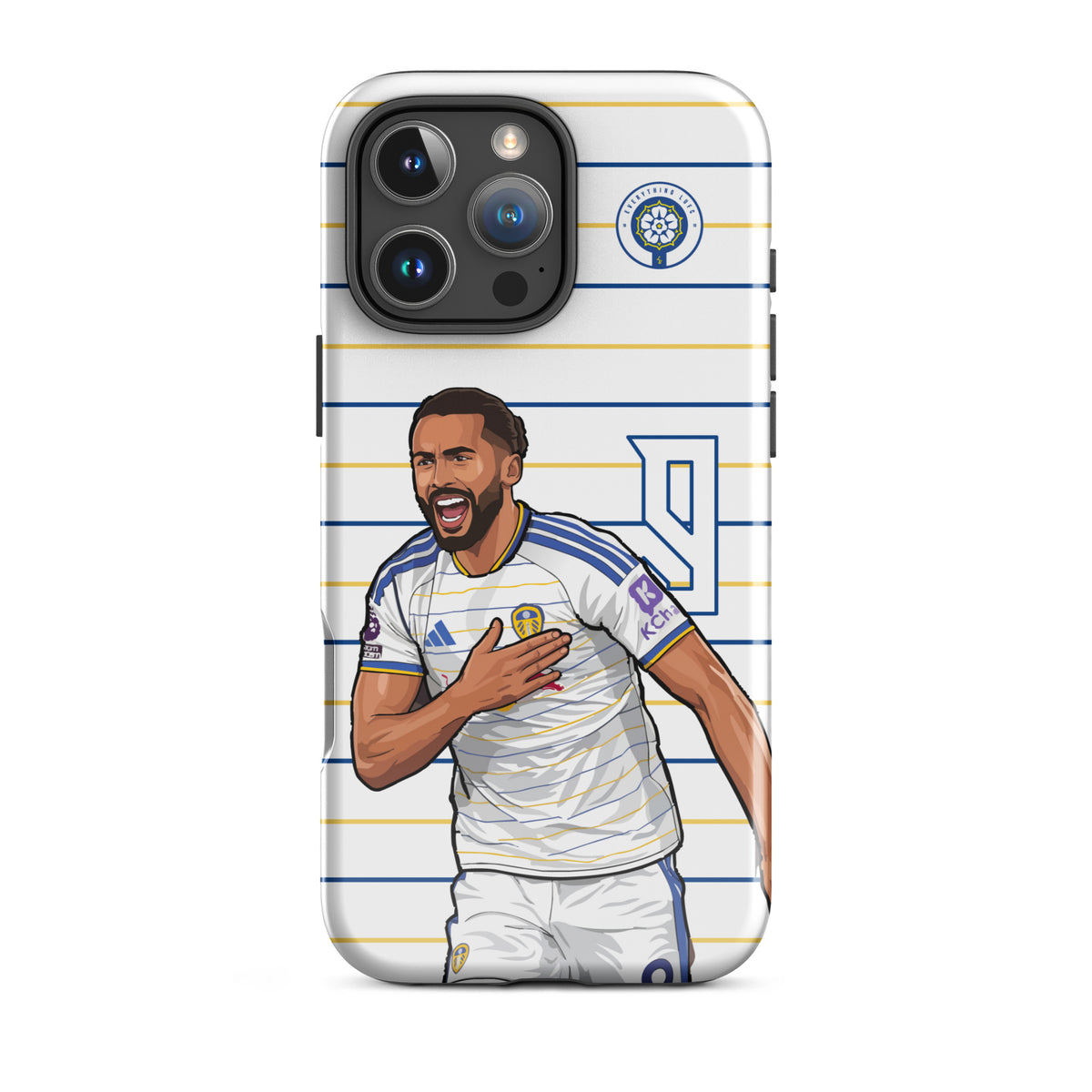 Tough iPhone case with blue-and-white stripes, Calvert-Lewin celebration print, and crest