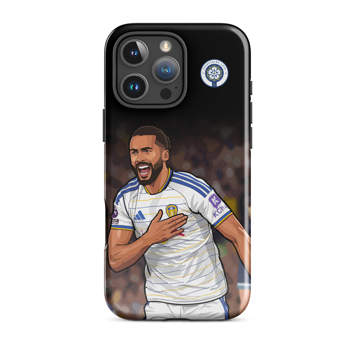 Tough iPhone case with Calvert-Lewin player graphic and Leeds United crest