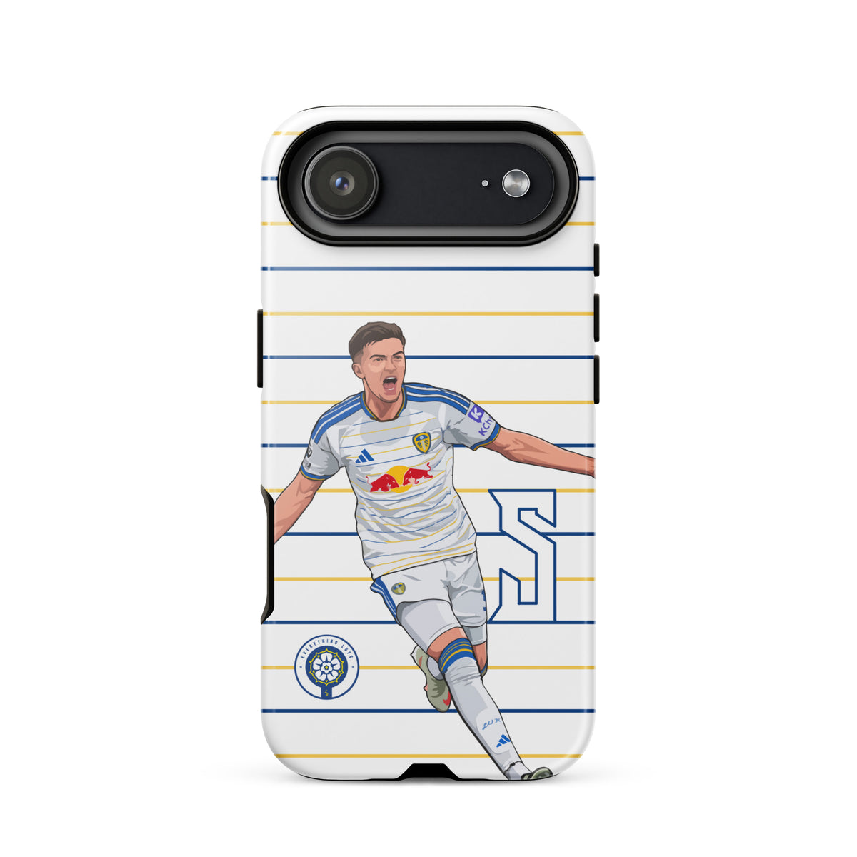 Tough iPhone case with large horizontal camera bar and player graphic on stripes