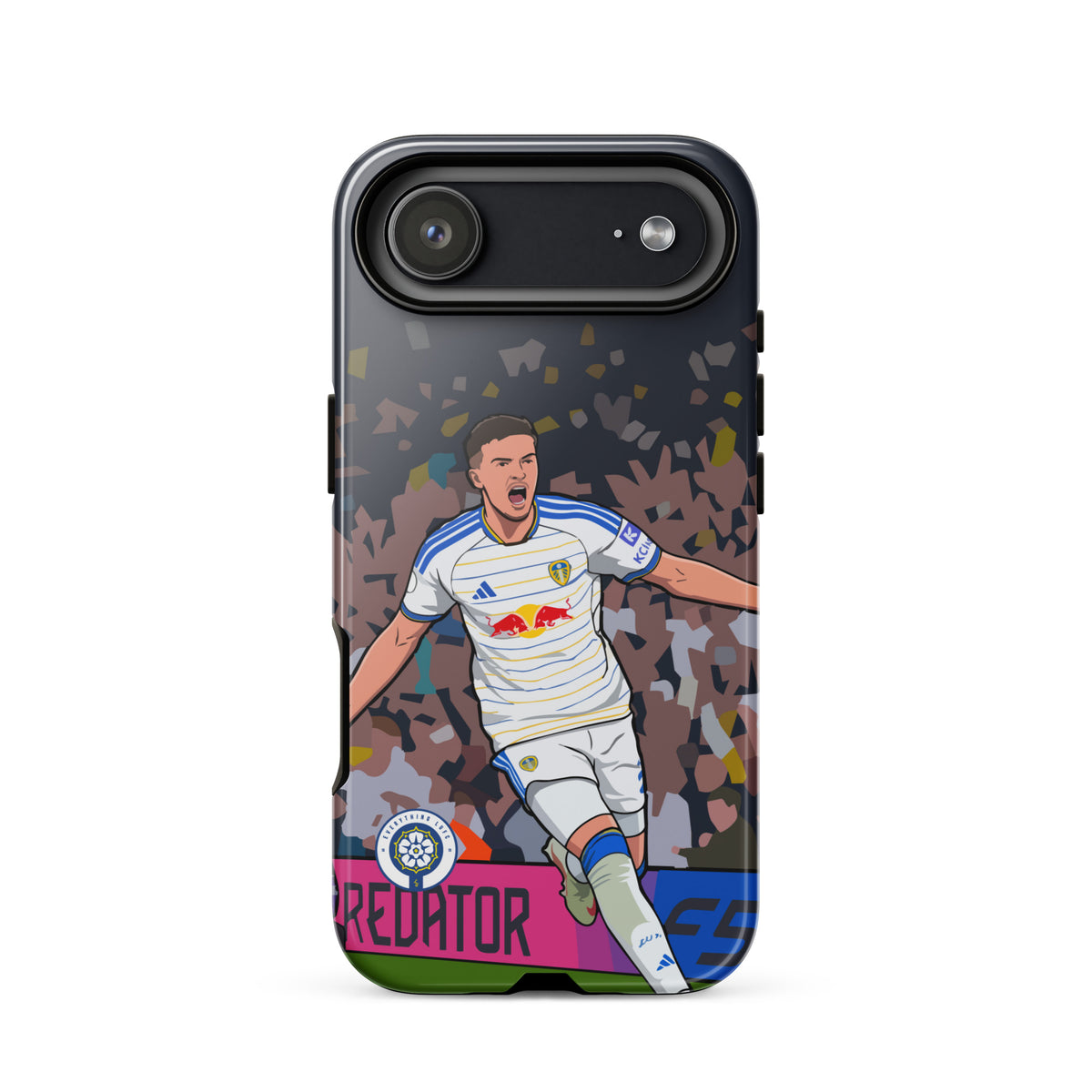 Dark tough iPhone case with player celebration graphic, confetti background, horizontal camera bar cutout