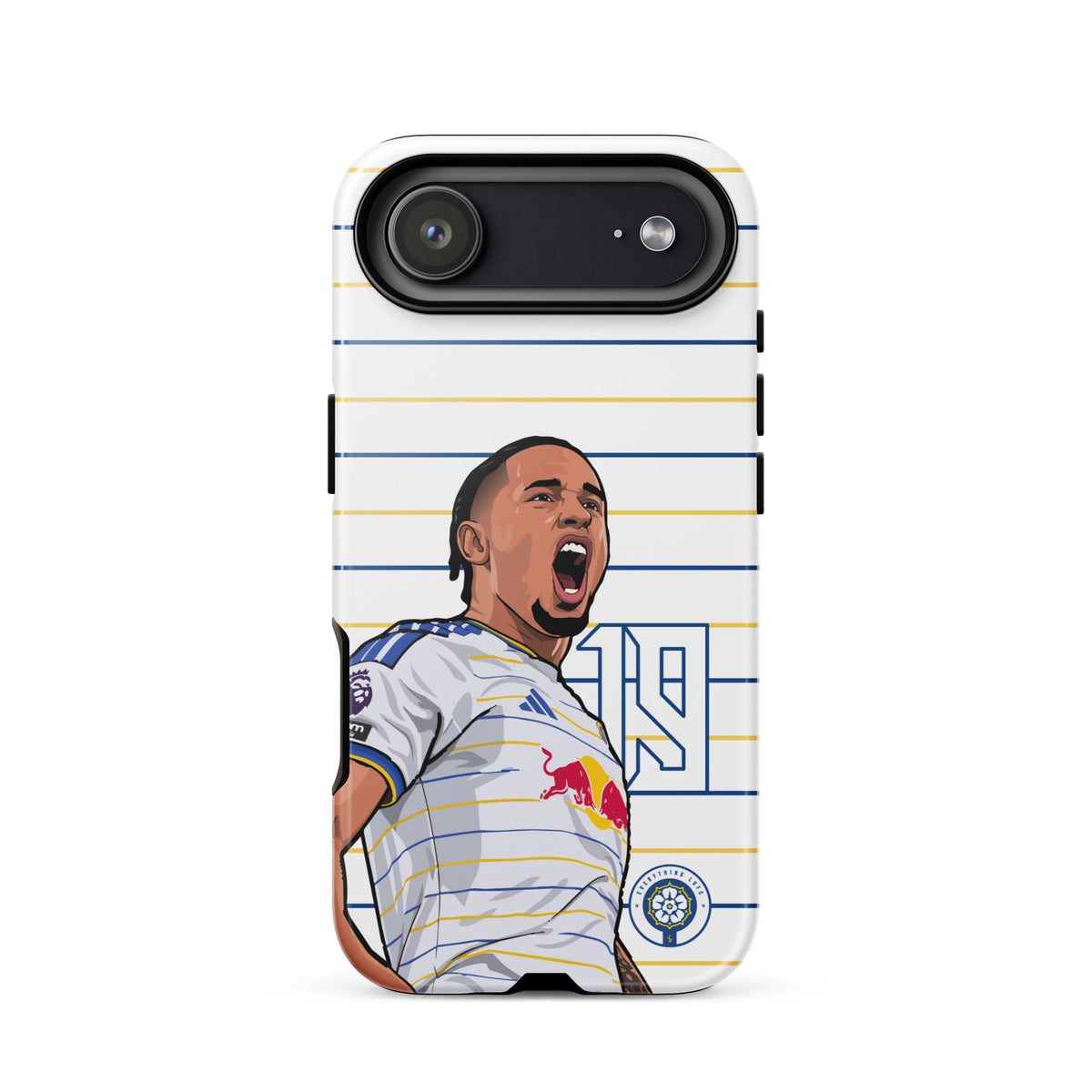 Tough iPhone case with large single camera cutout and player celebration on blue-yellow stripes