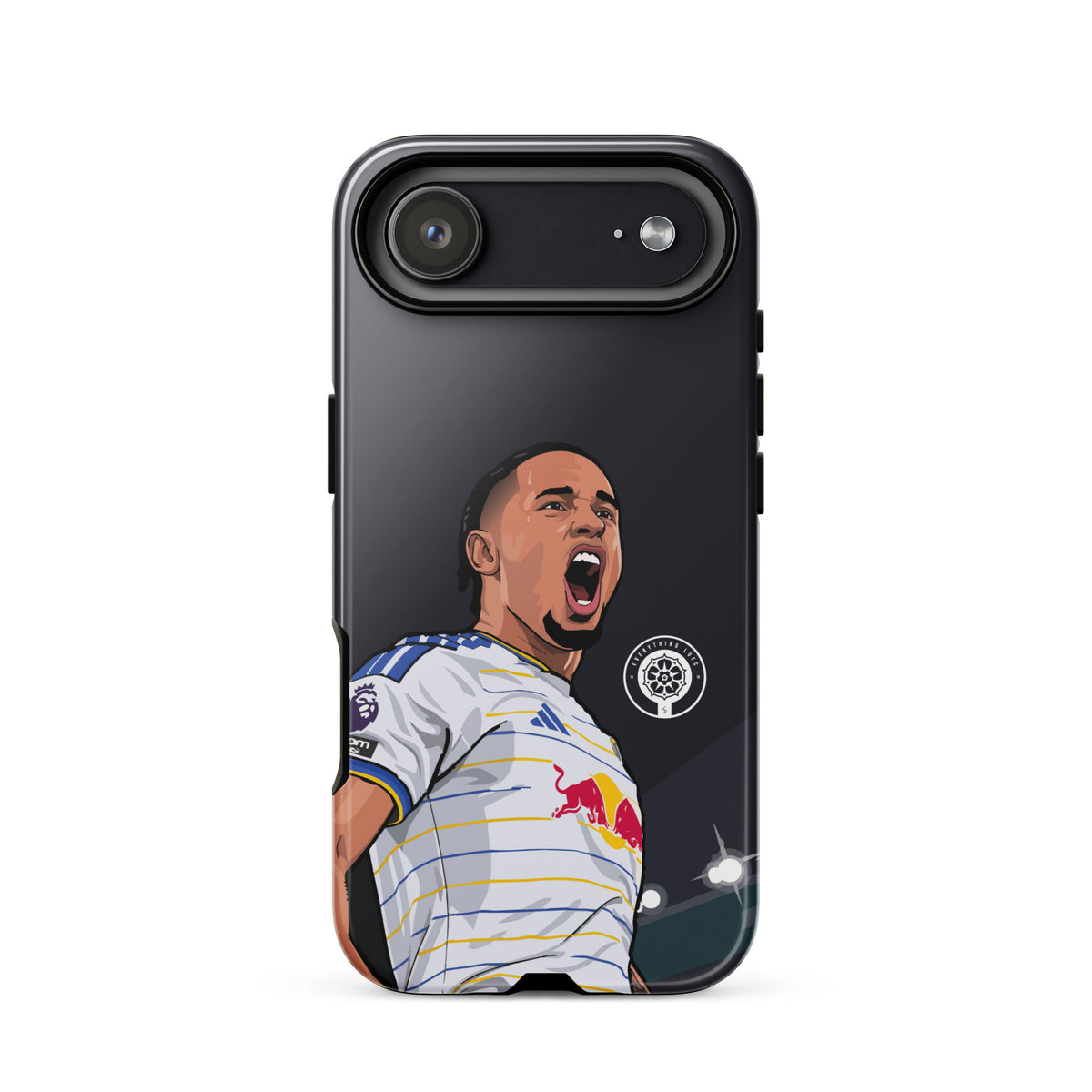 Tough iPhone case with horizontal camera bar and Noah Okafor celebration artwork on dark back