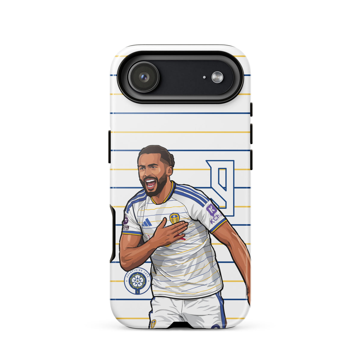 Tough iPhone case with top camera opening and football player celebration artwork