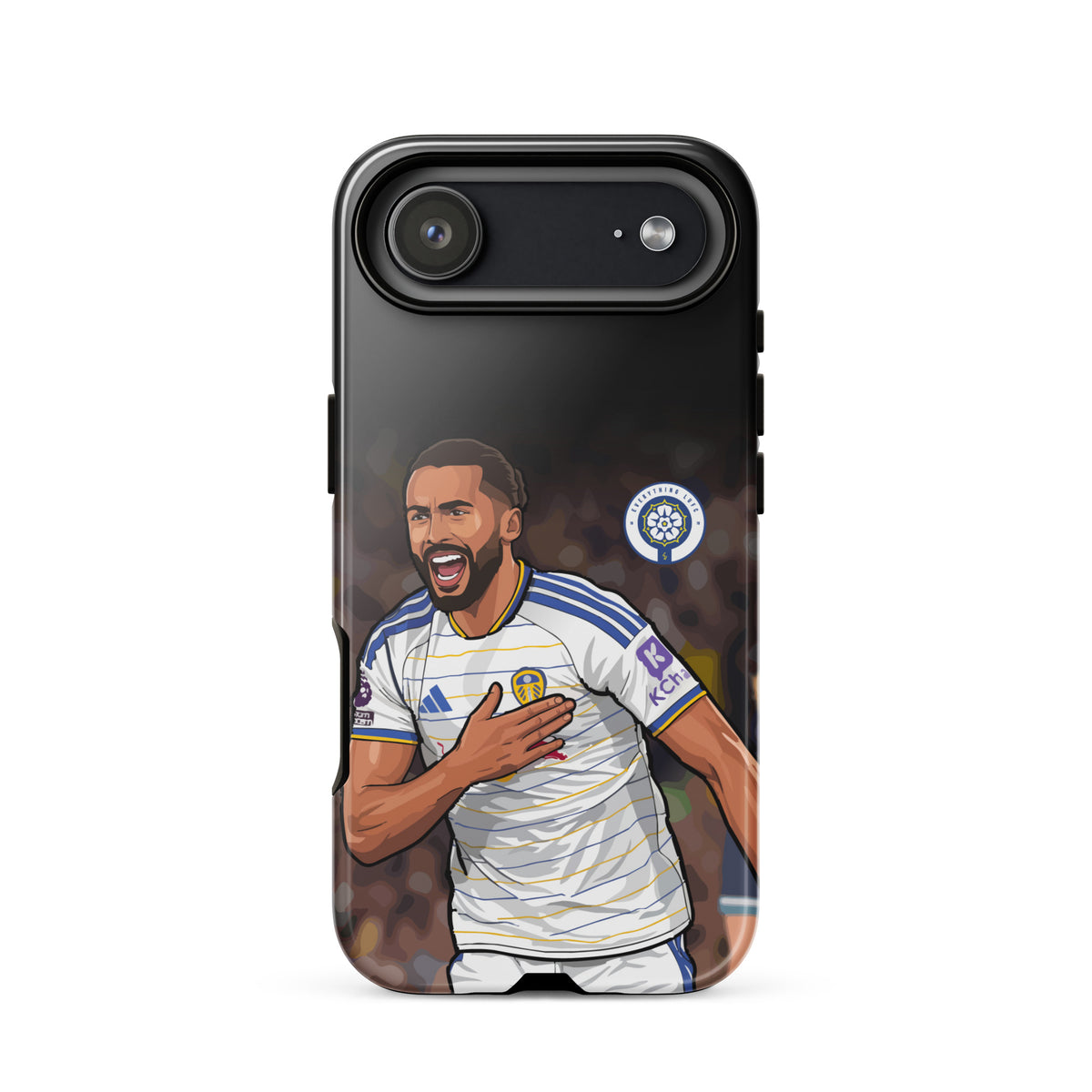 Tough iPhone case with Calvert-Lewin graphic, black finish, and Leeds badge