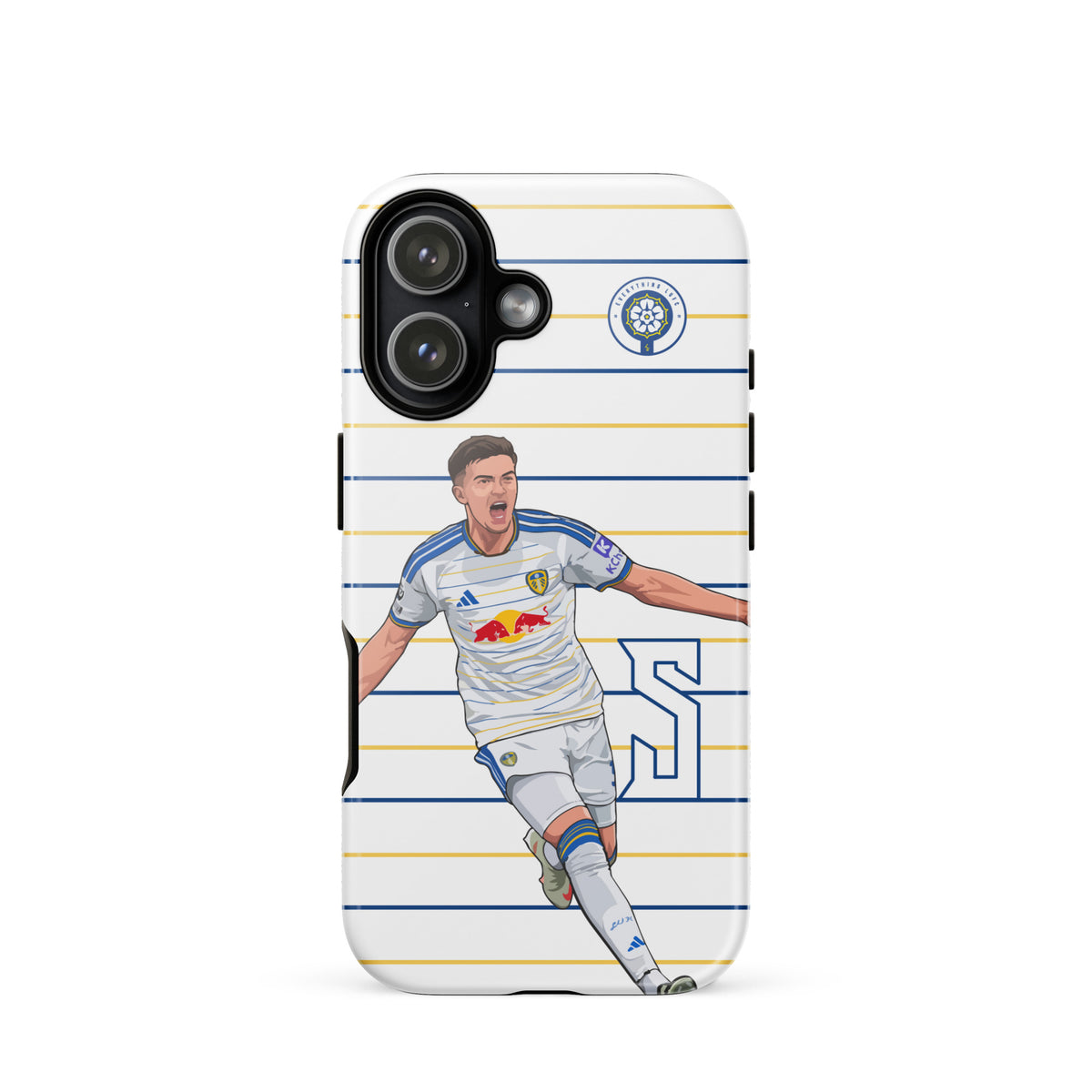 Tough iPhone case with blue-and-gold striped design, soccer player graphic, and camera cluster.