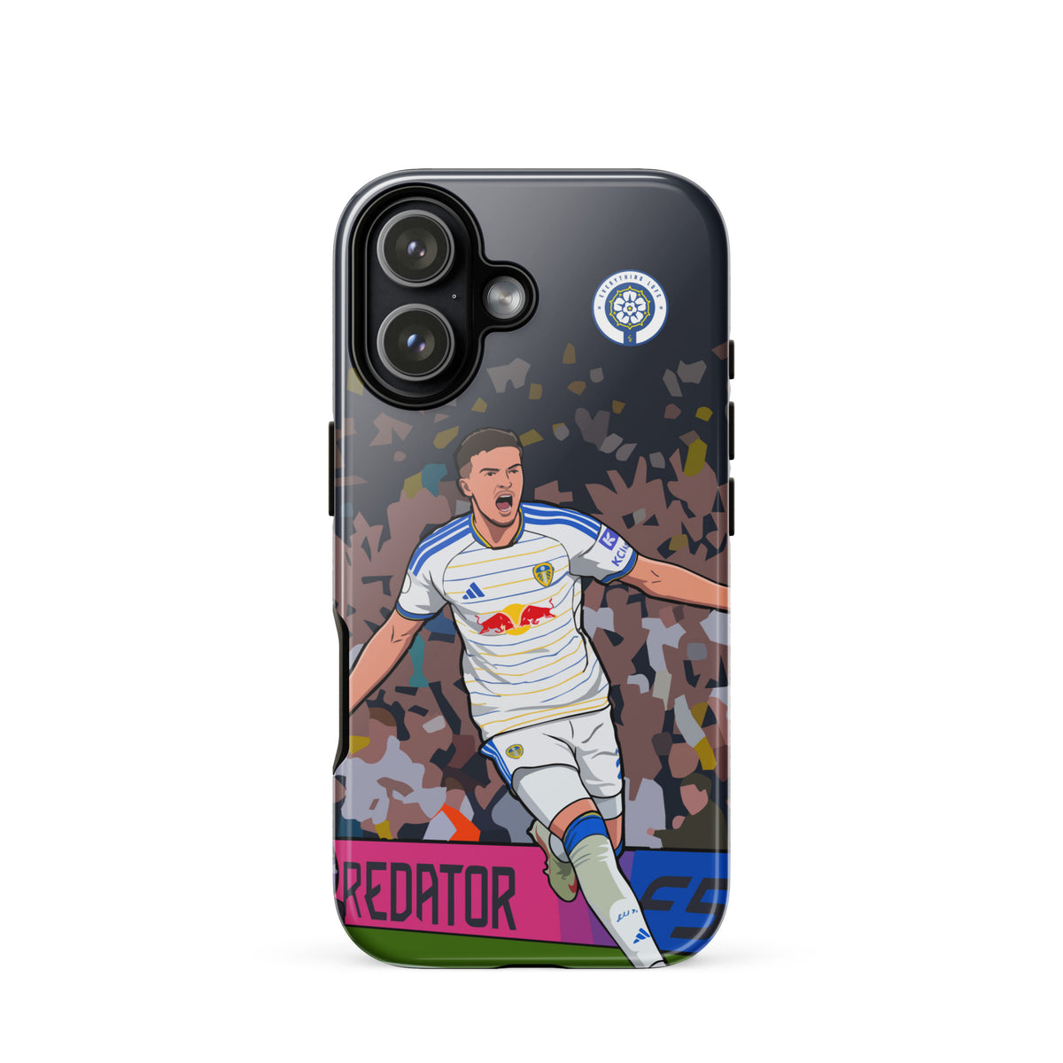 Tough phone case with side view, dark navy rim and soccer player celebration art