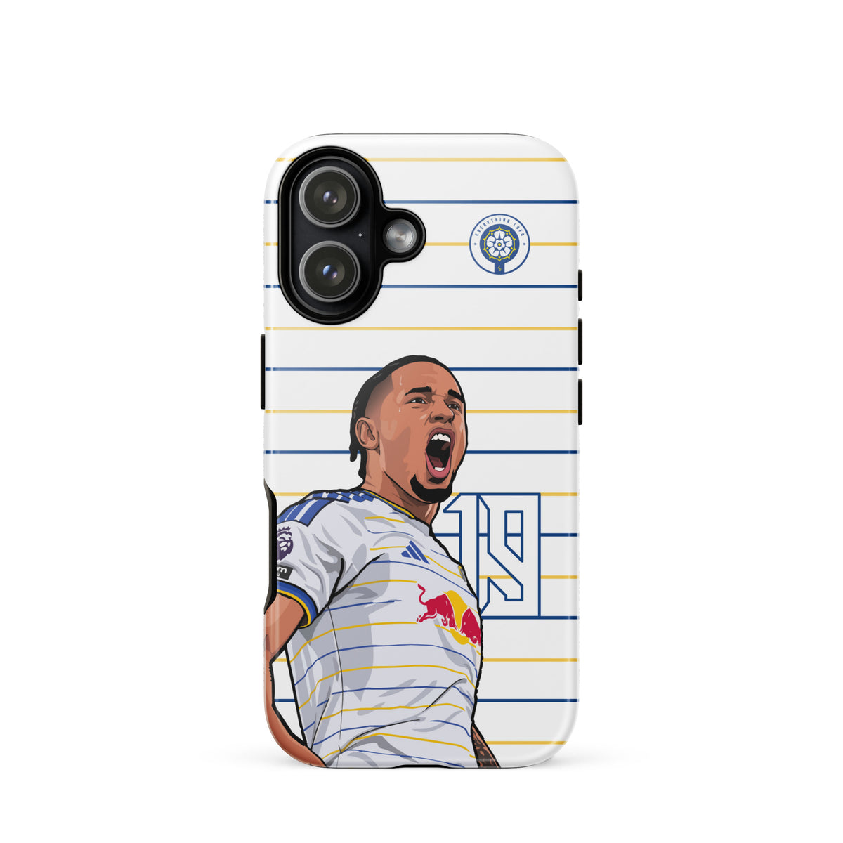 Tough iPhone case with player celebration graphic and striped blue-and-yellow design