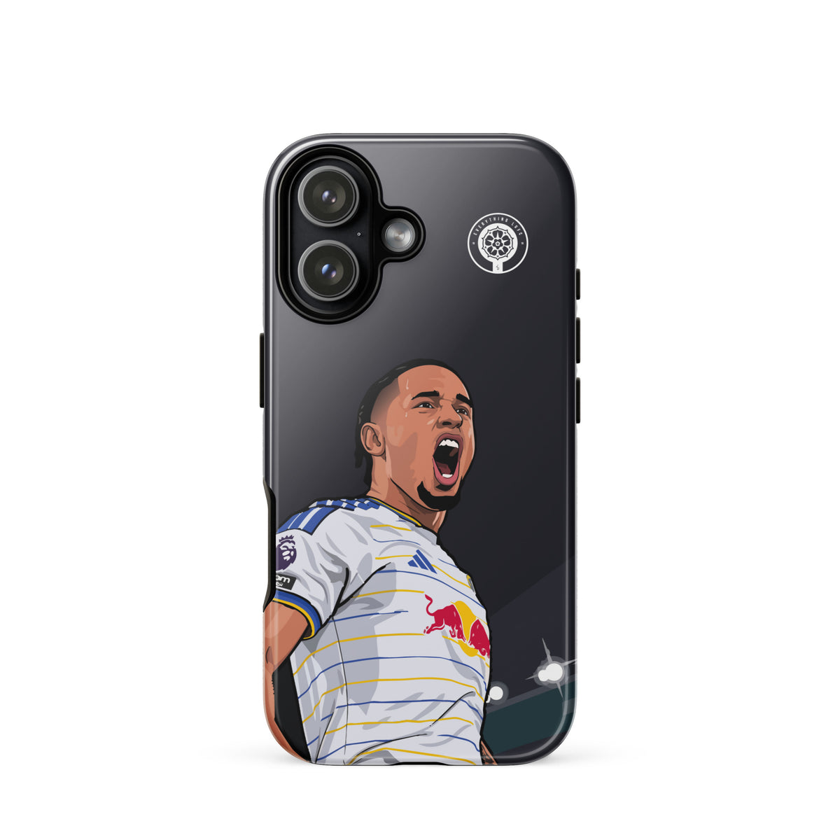Tough iPhone case with dark back, Noah Okafor celebration graphic, and camera cutouts