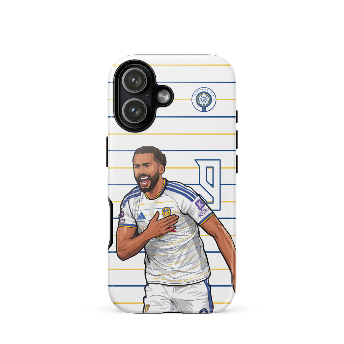 Tough iPhone case with football player illustration and blue-and-white horizontal stripes