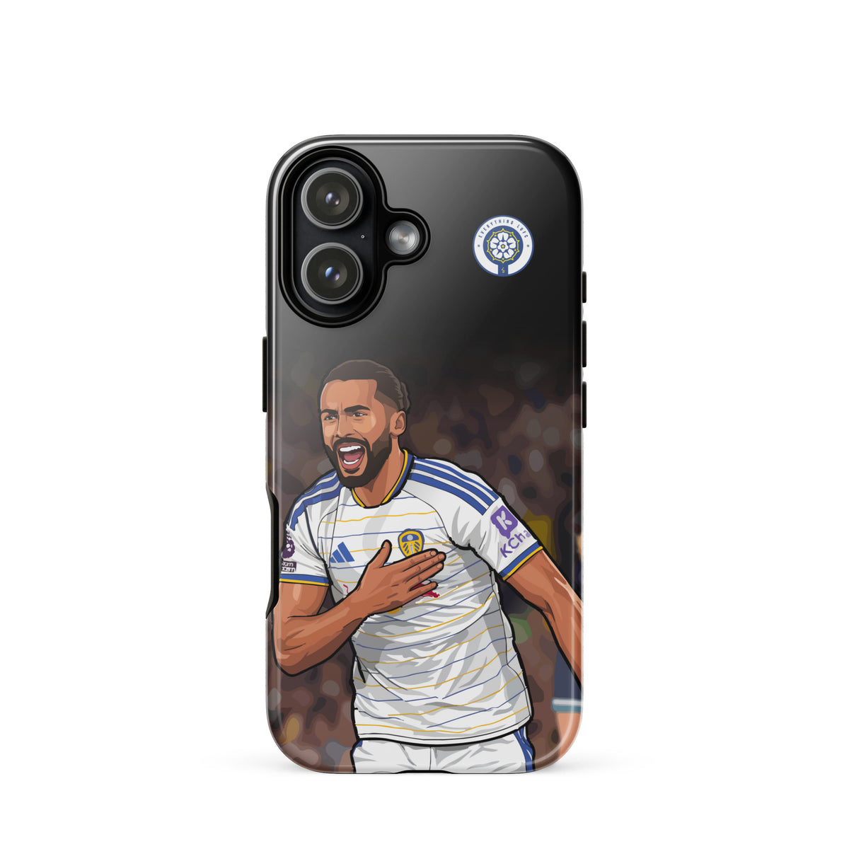 Tough iPhone case with black frame and Calvert-Lewin graphic, plus Leeds badge
