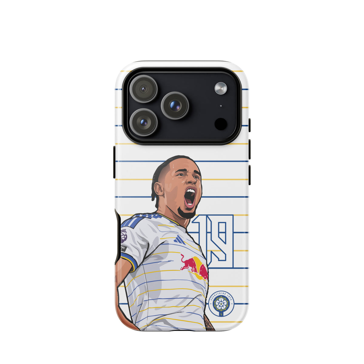 Tough iPhone case with triple-lens camera cutout and player celebration on blue-yellow stripes