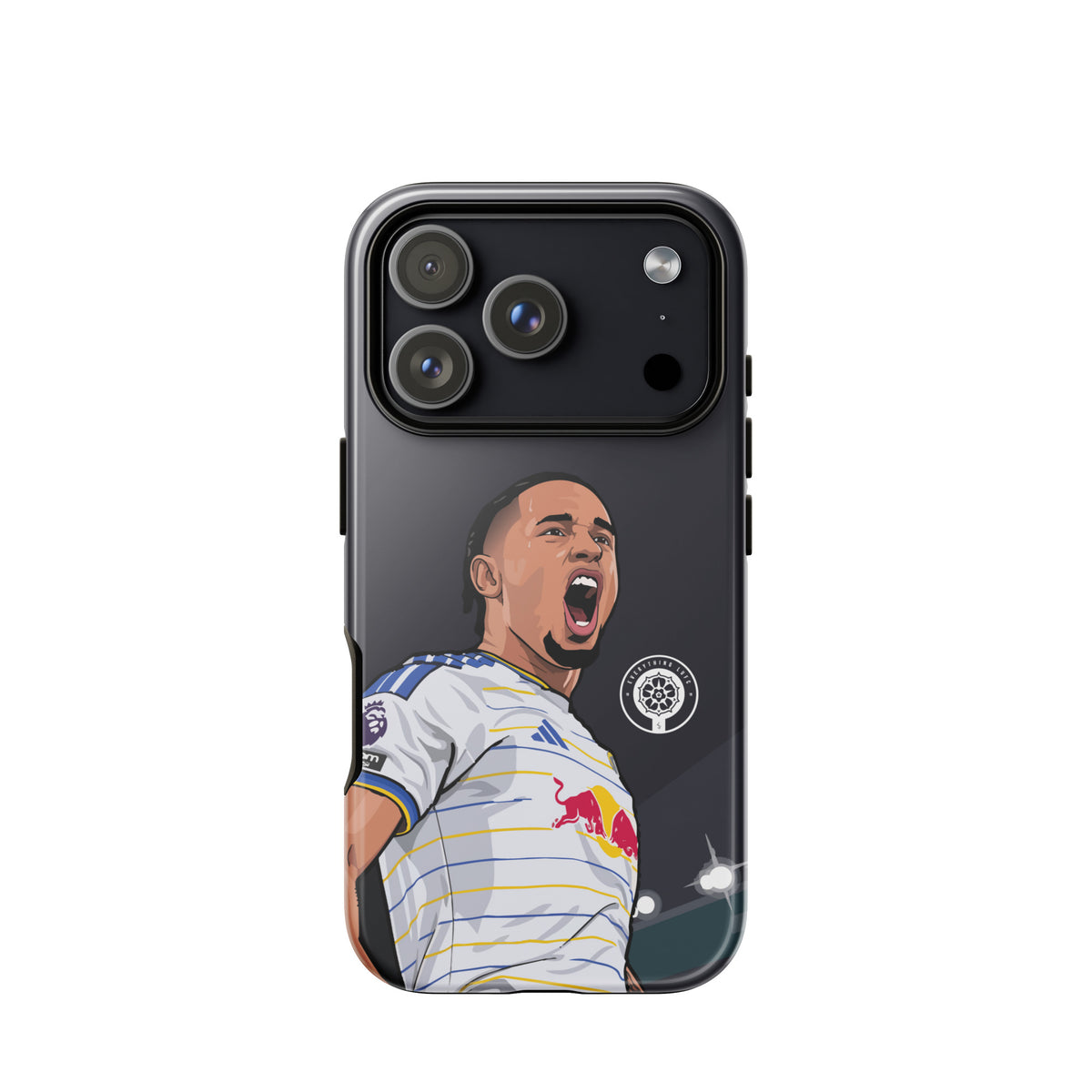 Tough iPhone case with Noah Okafor celebration portrait, dark back, and camera lens openings