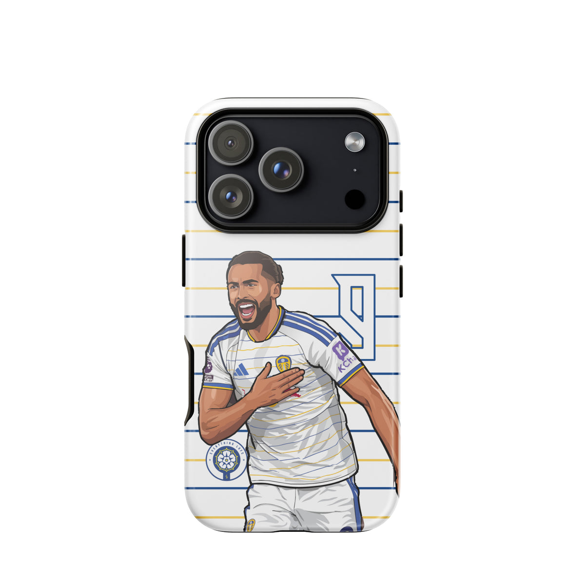 Tough iPhone case with camera module cutouts and football player in blue-striped kit