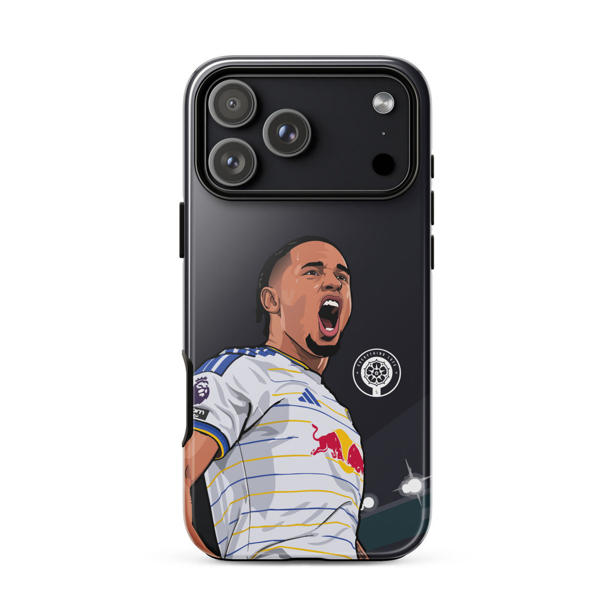 Tough iPhone case with dark back and Noah Okafor celebration jersey graphic near bottom edge