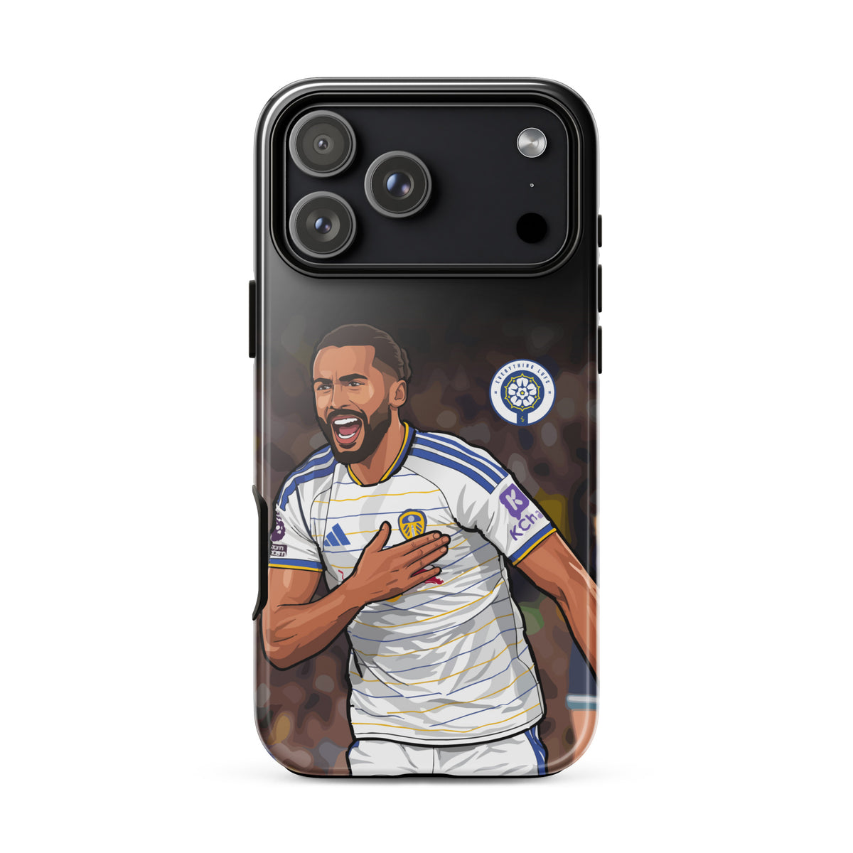Tough iPhone case with Calvert-Lewin smiling print and Leeds crest on black frame
