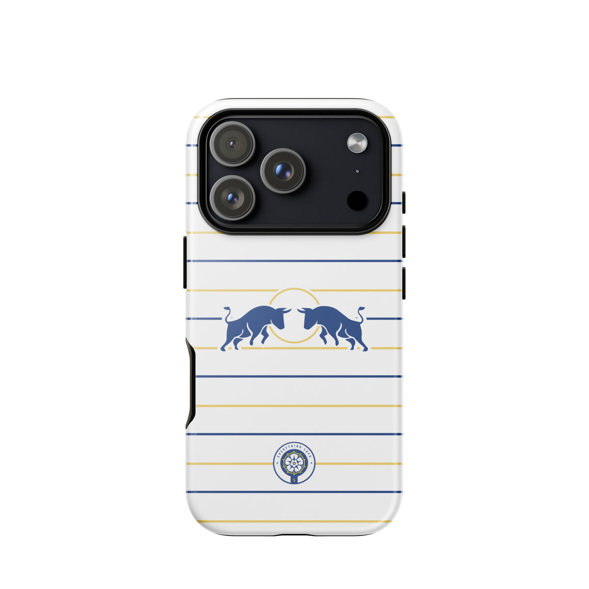 Tough iPhone case with blue-and-yellow stripes, Leeds United crest, horse icon