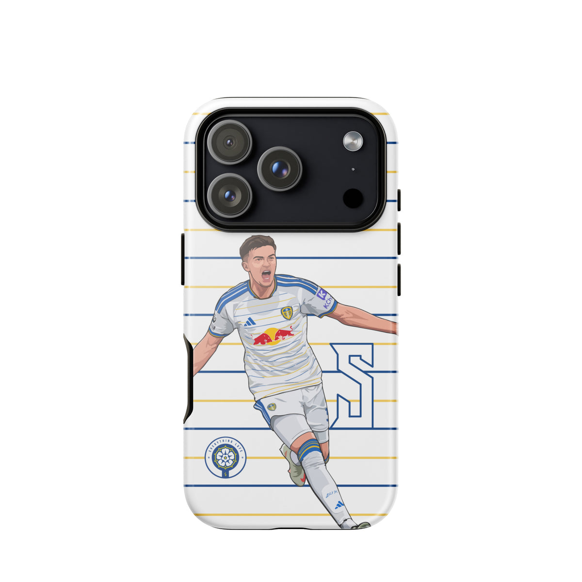 Tough iPhone case back with player artwork and blue-and-yellow horizontal stripes