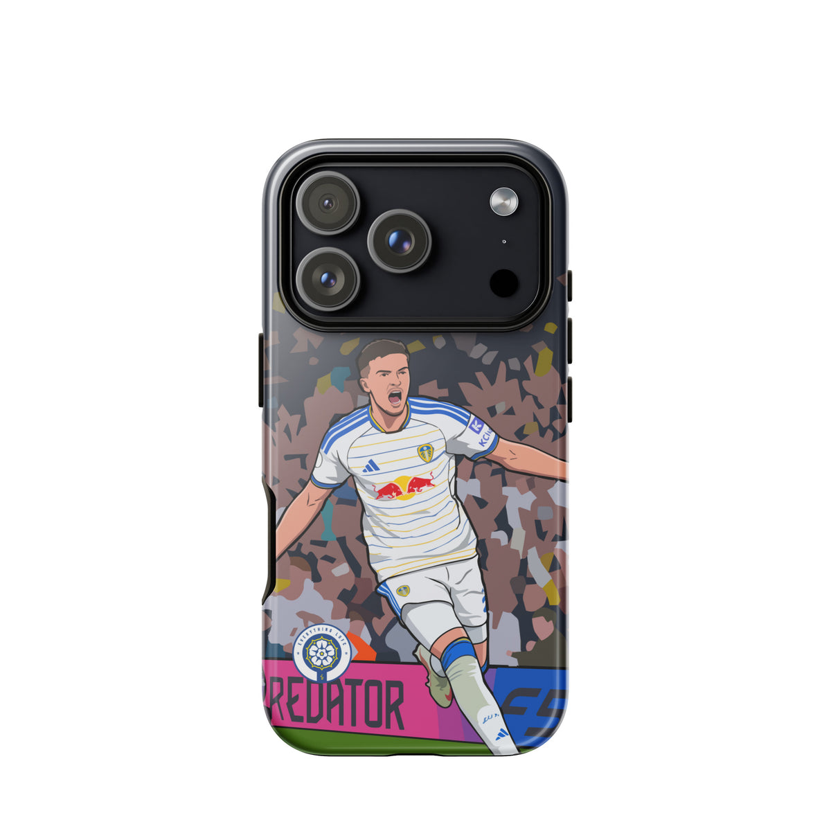 Dark tough iPhone case with player celebration graphic, confetti background, top camera cluster cutouts