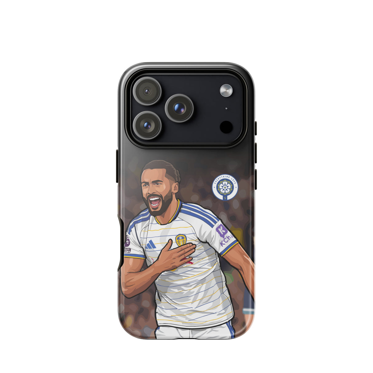 Tough iPhone case with Calvert-Lewin illustration, black case edges, Leeds badge