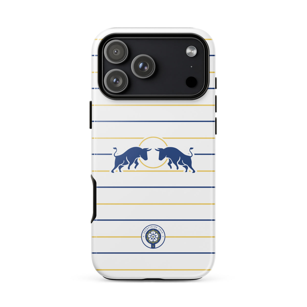 Tough iPhone case with full blue-and-yellow striped design, horse graphic and Leeds United crest