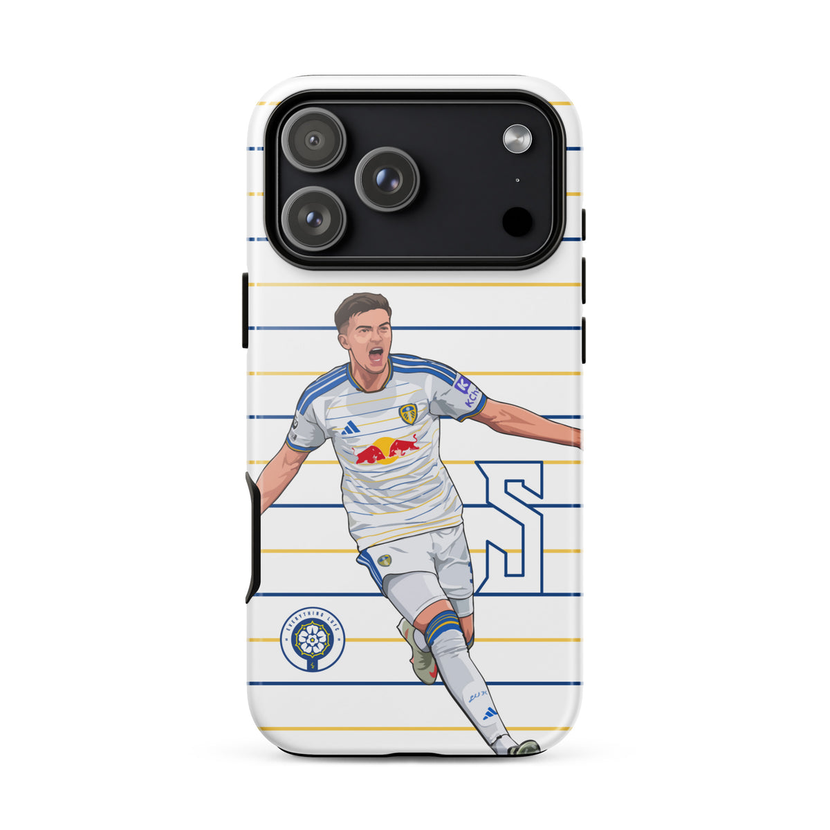 Tough iPhone case with player celebration graphic and blue-and-yellow stripe pattern