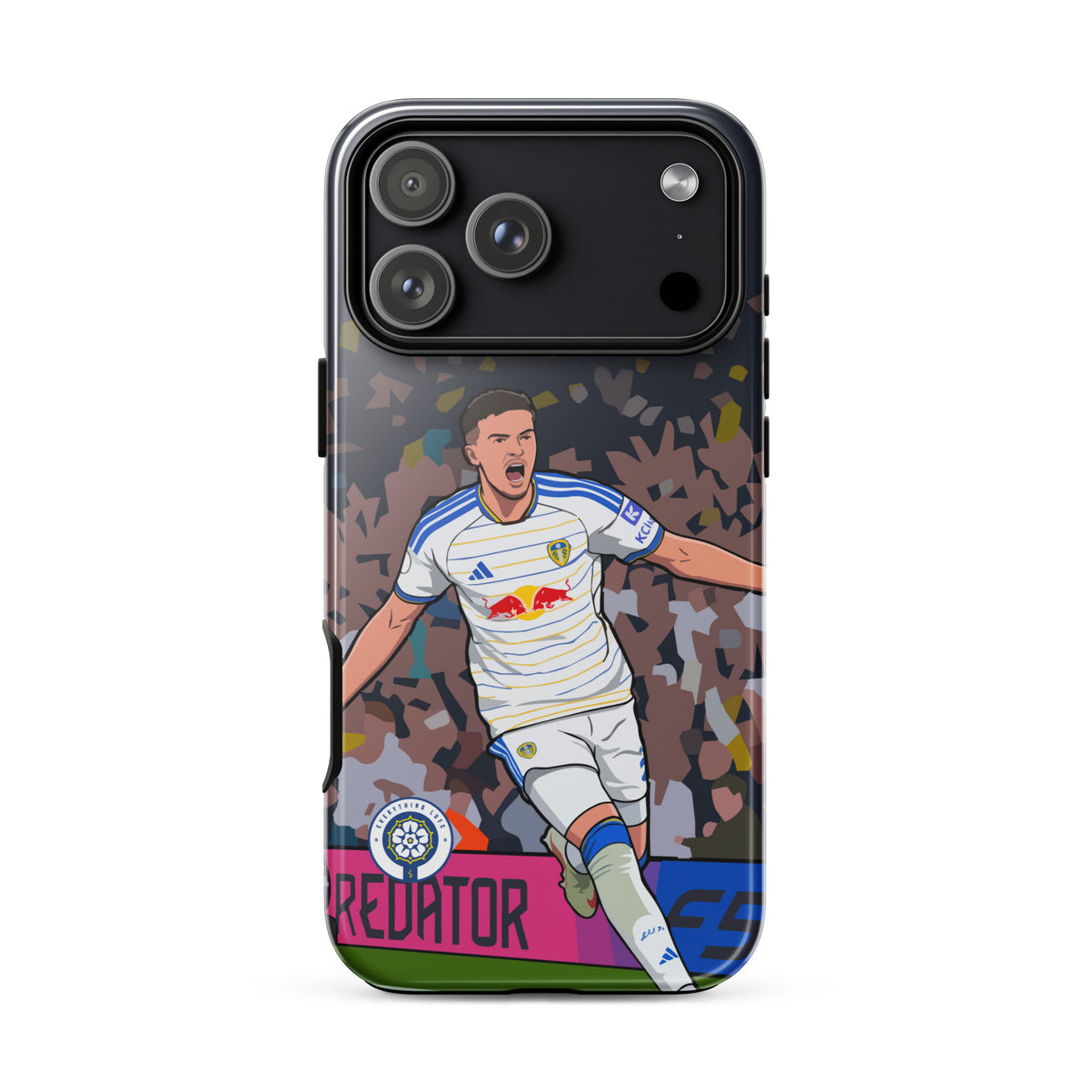 Dark tough iPhone case with player celebration graphic, confetti background, top camera cluster cutouts