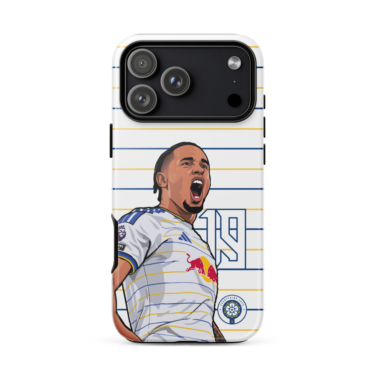 Tough iPhone case with triple-lens camera cutout and player celebration on striped design