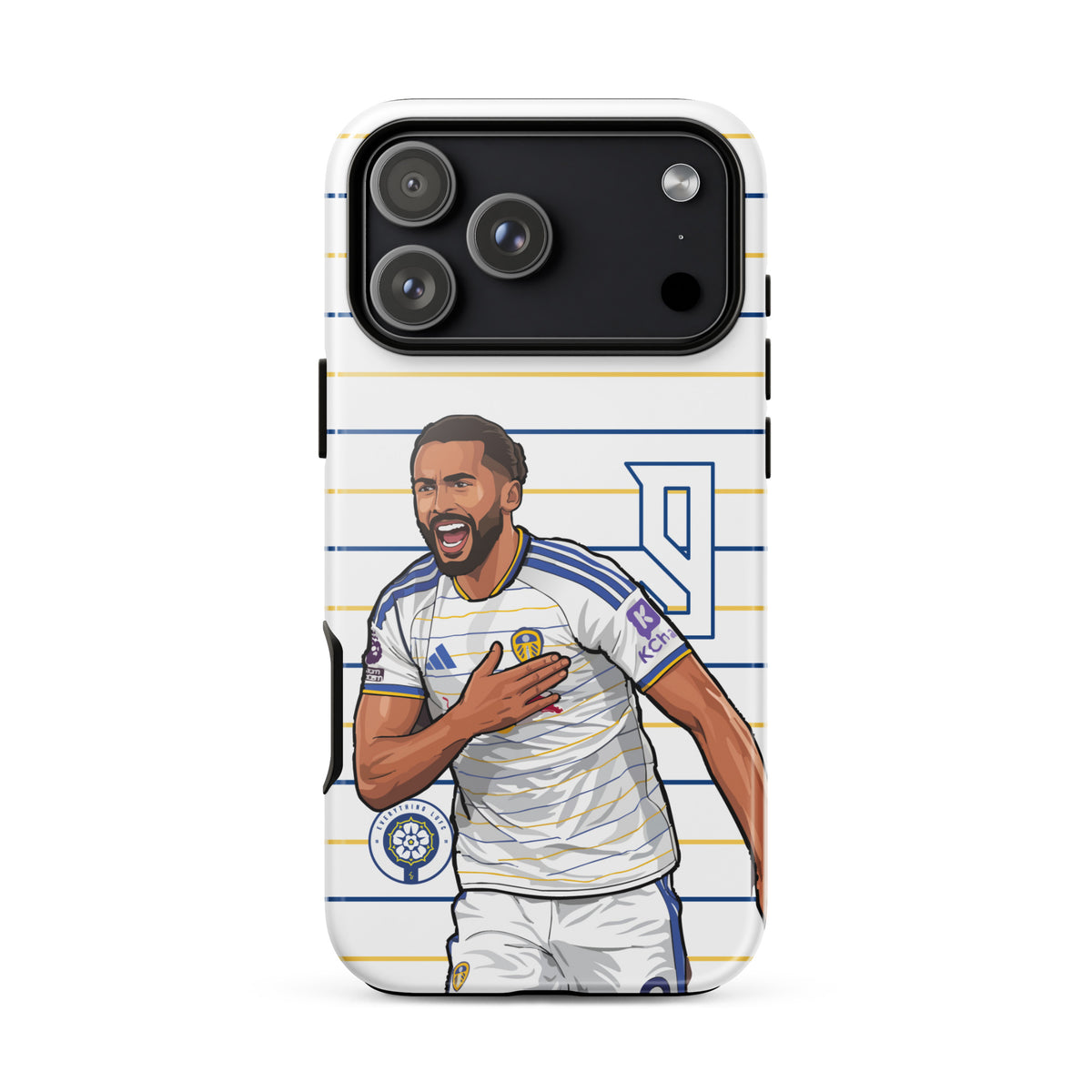 Tough iPhone case with triple camera openings and football player celebration design