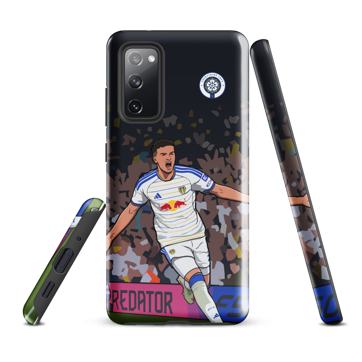 Tough Samsung phone case with dark camo, football player graphic, and crest logo