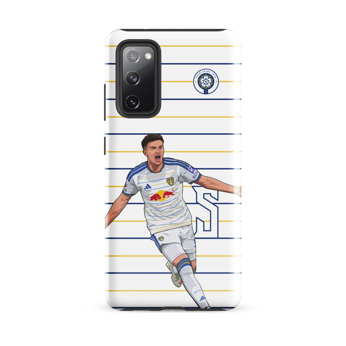 Tough Samsung phone case with blue-and-white horizontal stripes and soccer player illustration