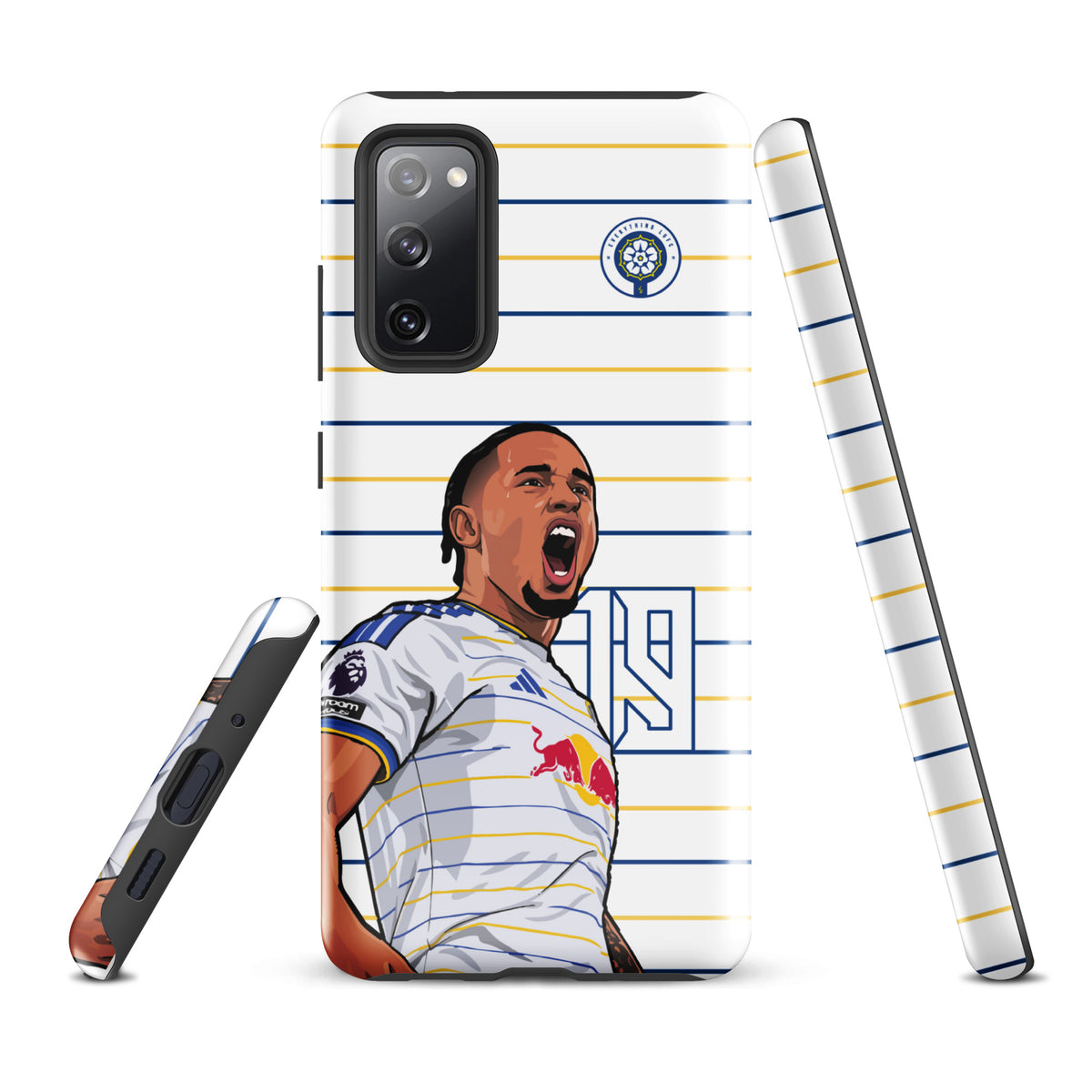 Tough Samsung phone case with player celebration graphic, white, blue, and yellow stripes