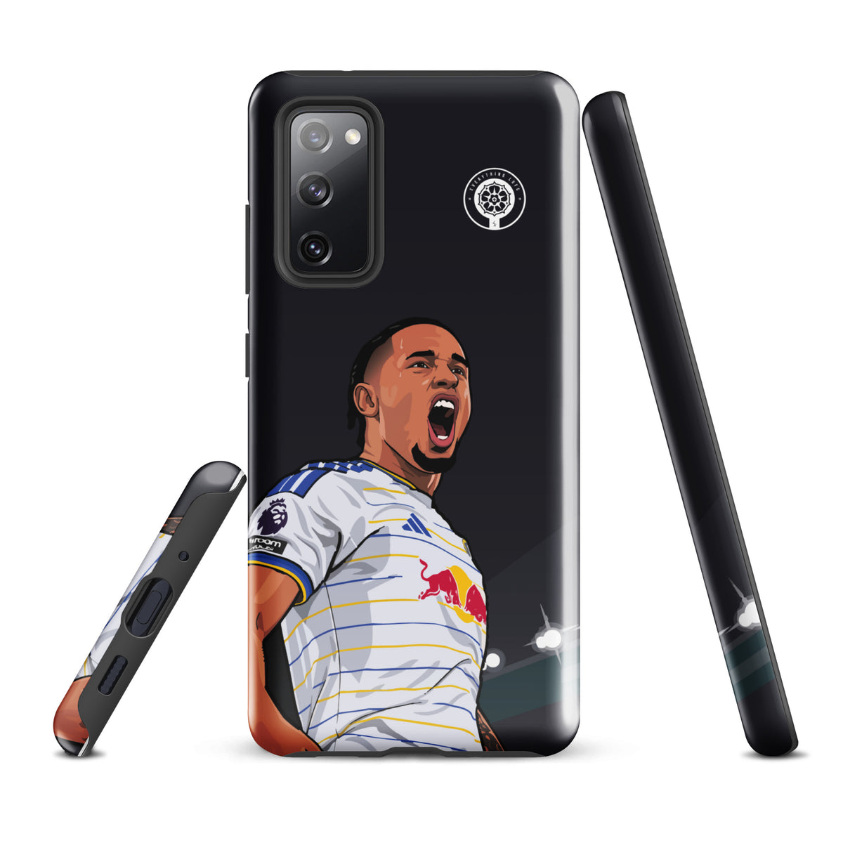 Black Samsung phone case with Leeds crest and Noah Okafor stadium artwork on back