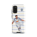 Tough Samsung phone case with side buttons and blue-and-white striped player artwork