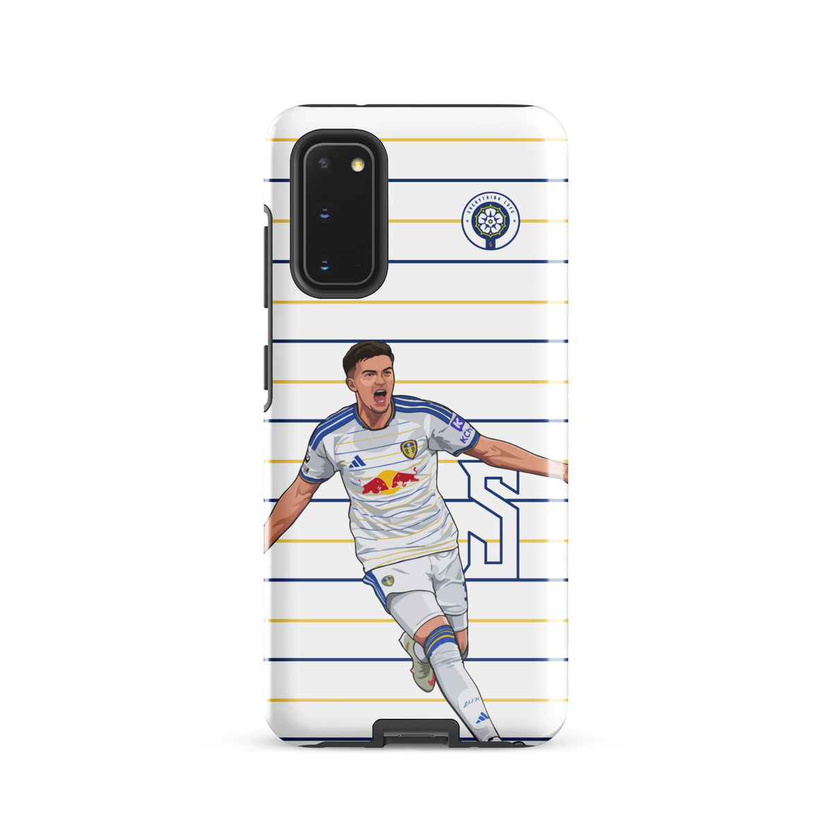 Tough Samsung phone case with side buttons and blue-and-white striped player artwork