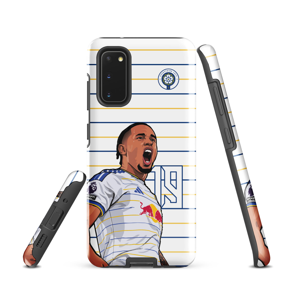 Tough Samsung phone case shown from the side with player celebration graphic and stripe pattern
