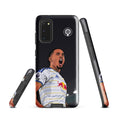 Black Samsung phone case back with Leeds crest, Noah Okafor graphic, and side cutout